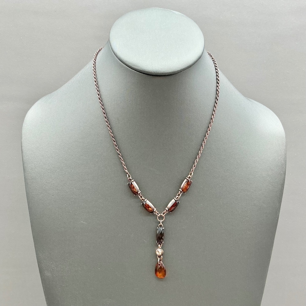 1928 Necklace Women Brown Crystal Y-Drop Pendant Copper Tone Rope Chain Jewelry